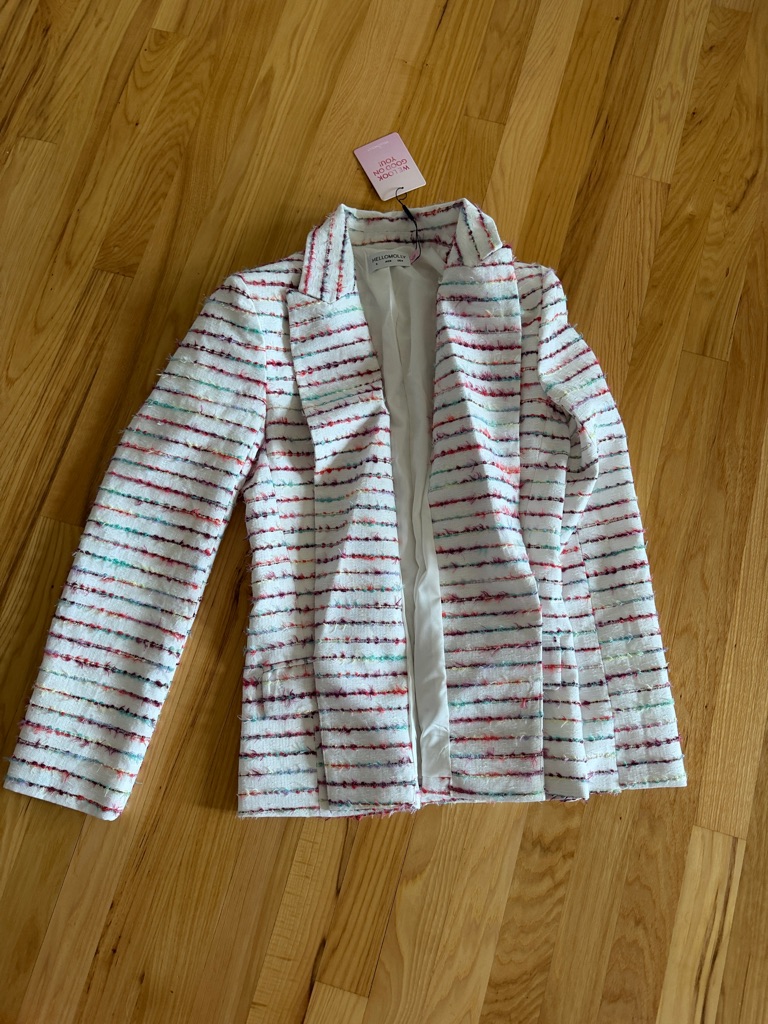 Hello Molly White Boucl Blazer With Multicolor Stripes
